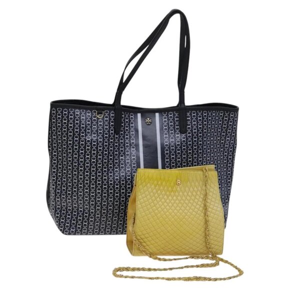 TORY BURCH Bally Tote Bag PVC Leather 2Set Black Yellow - Picture 1 of 14